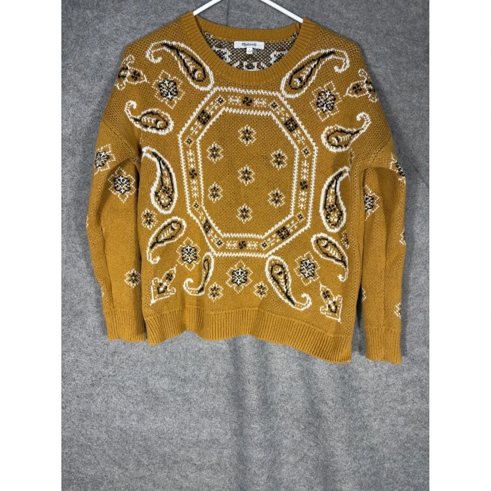 Madewell Bandana Paisley Intarsia Sweater Mustard Yellow Cotton Blend Small